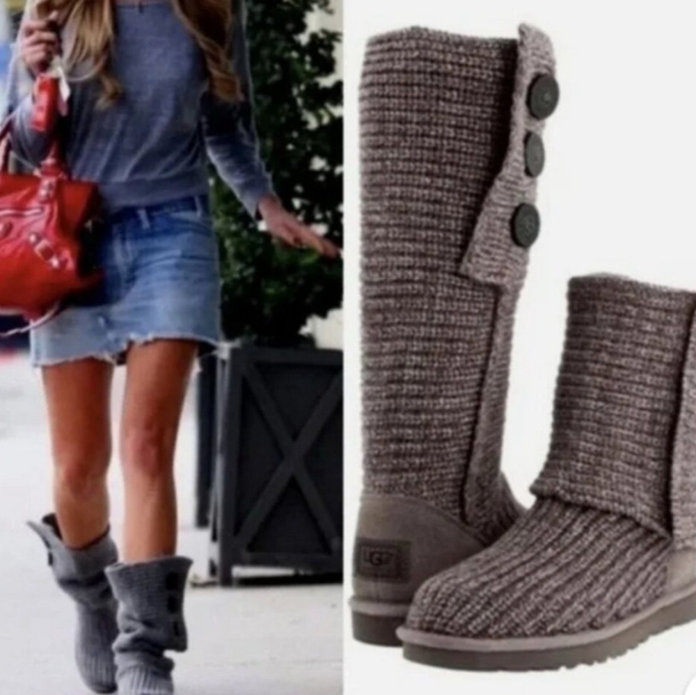 UGG Australia Cardy Knit Wool Blend Classic Grey Tall Sweater Boots Wood Buttons